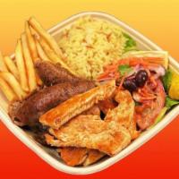 Combo Plate · Lamb and beef, chicken, Mediterranean rice, salad, french fries (ketchup on side).