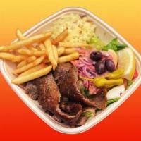 Gyro Plate · Lamb and beef, Mediterranean rice, salad, french fries (ketchup on side).