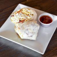 Breakfast Burrito · Eggs, Jack cheese, hash browns, choice of sausage, bacon, or green chile pork, add steak, si...
