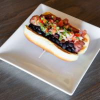 Loaded Hot Dog · Bacon, black beans, chipotle aioli, pico de gallo.
