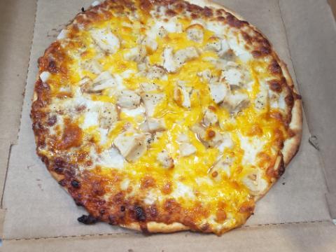 12'' Medium BBQ Chicken Pizza · BBQ sauce, mozzarella cheese, white onions, cheddar cheese, white chunk chicken, and topped off with more mozzarella cheese.
