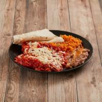 Enchiladas Estilo Jalisco · Corn tortillas rolled in hot red sauce and filled with your choice of cheese, chicken or shr...