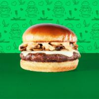 Truffl-e-licious Burger · Meatless burger patty, sautéed mushrooms in truffle butter, pepper Jack cheese, and Veg-e-li...