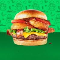 Super-Veg-e-licious Burger · Meatless burger patty, meatless bacon, cheddar cheese, onion rings, lettuce, tomato, and BBQ...