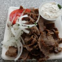 Gyros Plate · Includes extra meat  2 pitas  and fries, tomatoes, onions and gyro sauce on the side.