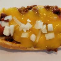 Chili cheese Dog · Topped with Chili And Cheddar Cheese Sauce