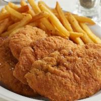 chicken tenderloins · 5pc chicken tenders served with fries  and b.b.q. sauce 