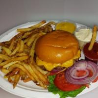 1/3 lb. Cheeseburger · served on brioche bun with mayonnaise, lettuce, tomatoes, onions, ketchup, mustard  and pick...