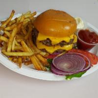 2/3 lb Double Cheeseburger · served on brioche bun with  mayonnaise, lettuce, tomatoes, onions, ketchup, mustard and pick...