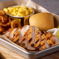 Marinated Chicken Breast Plate · Slow smoked Marinated Chicken Breast, two delicious sides and a yeast roll.
