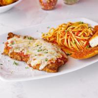 Chicken Parmigiana Pasta · Lightly-fried breaded chicken breast in marinara sauce baked with mozzarella and choice of n...