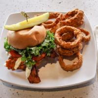 Big Country Sandwich · Flash-fried chicken breast, applewood smoked bacon, melted cheddar, ranch, green leaf, tomat...