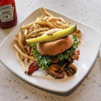 The Draft Burger · 1/2 lb. ground chuck, applewood smoked bacon, sauteed mushroom, grilled onion, green leaf le...