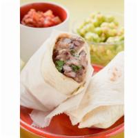 Adobada Pork Burrito · Served with rice, beans, mild or hot sauce, cheese, pico de gallo and cream. Chips and salsa...