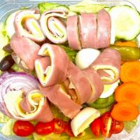 Chef Salad · Turkey, ham, American & provolone cheese over garden salads.