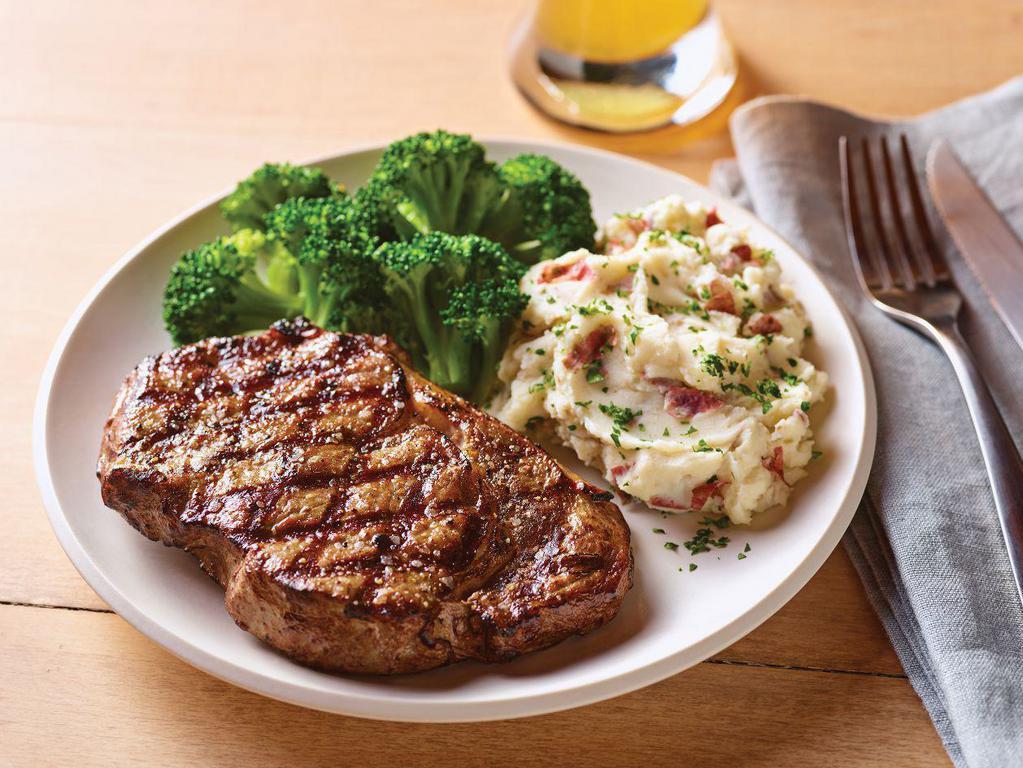 12 oz. Ribeye · Rich, tender and juicy. Our marbled, USDA Select ribeye steak* is served hot off the grill with mashed potatoes and broccoli. Gluten-sensitive.