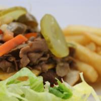 Godfather Burger · made with a beef patty, Italian Beef meat, hot peppers, American cheese and nacho cheese. Se...