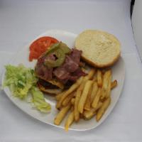 Corn Beef Burger · made with a beef patty, corn beef meat, pickles, romaine lettuce, tomatoes and mustard. Serv...