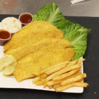 Tilapia · 3 pieces, battered fresh to order.Served with fries, coleslaw and bread.
