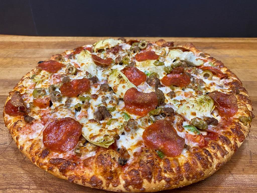 Super Combo Pizza · Pepperoni, Italian sausage, ham, beef, breakfast bacon, onion, green peppers, mushrooms, tomato, artichoke hearts, black olives and green olives.