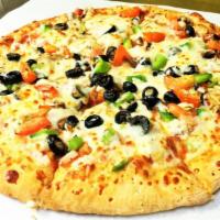 Veggie Pizza · Mushrooms, black olives, green peppers, fresh tomato and onion.
