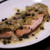 Salmon Agridulce · Grilled Salmon, Capers, Raisins, Braised Leeks