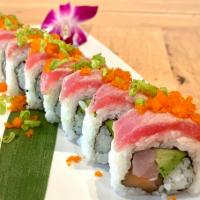 Oishi Trio Roll · Salmon, Hamachi, avocado, topped with tuna torch, scallion, masago.