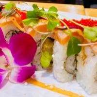 Oishii  Eddie  Roll · shrimp temp, asparagus, avocado, topped salmon torched, truffle , eel tobiko, masago, micro ...