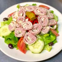 Antipasto Salad · Choice of grilled chicken, homemade sausage or Italian romaine lettuce, tomatoes, cucumbers,...
