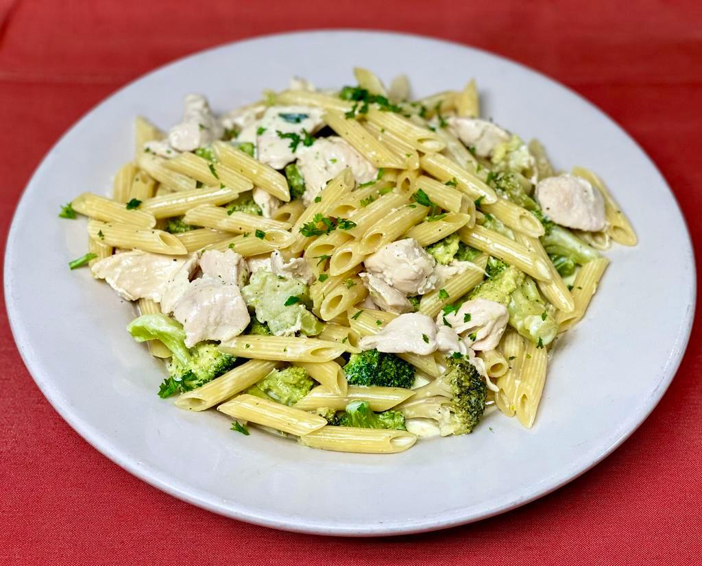 Chicken and Broccoli · Chicken pieces sauteed with broccoli, your choice of garlic and oil or Alfredo sauce, served over choice of pasta.