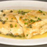 Chicken Piccata · Chicken piccata boneless breast of chicken, dredged in flour and pan seared, sauteed with ca...