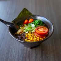 12. Vegetarian Shoyu Ramen · Spinach, carrots, corns, tomato, bamboo shoots, wood-ear mushrooms and green onions in soy s...