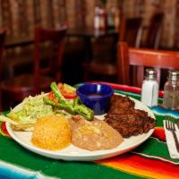Carne Asada · Grilled steak served with one enchilada, mexican rice, refried beans, guacamole, sour cream,...