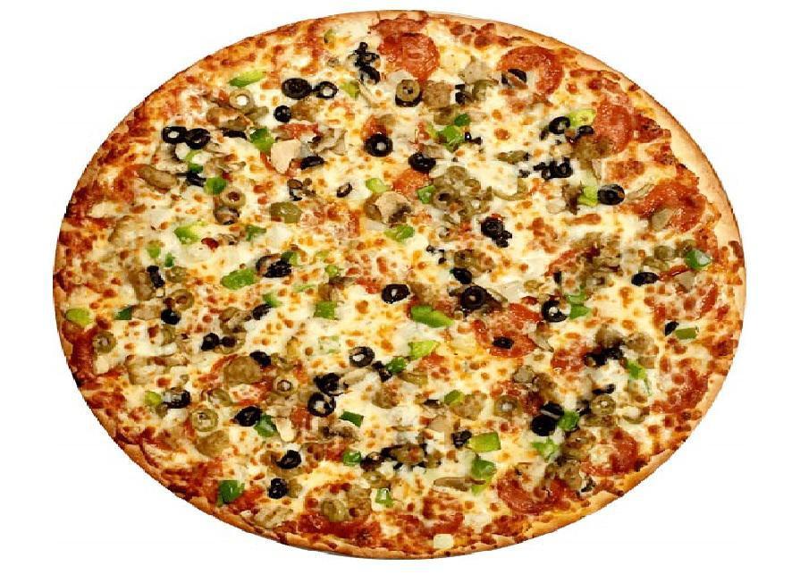 Bobo's Deluxe Pizza · Pepperoni, sausage, ground beef, ham, bacon, mushroom, green pepper, onion and black olives.