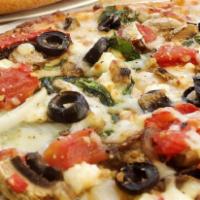 Vegetarian Pizza · Mushrooms, onions, green peppers, black olives, tomatoes and extra cheese.
