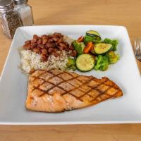 Grilled Salmon  · Served with veggies, and rice.