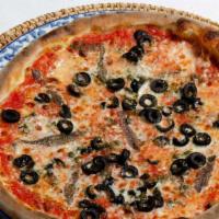Pizza Romana · Anchovies. capers. Olives. mozzarella. San marzano tomato sauce. Oregano.