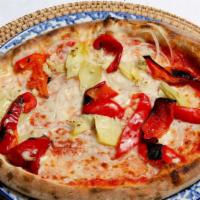 Pizza Cipollata · Roasted peppers, artichoke, mozzarella, san marzano tomato sauce. Onions. garlic.