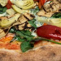Pizza Vegetariana · Roasted peppers. Mozzarella. san marzano tomato sauce. Artichoke. eggplant. Organic fresh ba...