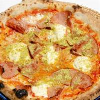 Pizza Tre Mori · Mozzarella. san marzano tomato sauce. Mortadella. ricotta cheese. Granulated raw pistachio.