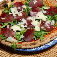 Pizza Valtellina · Bresaola. organic baby arugula. Mozzarella. san marzano tomato sauce. Parmesan cheese. Extra...
