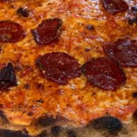 Pizza Picantissima · Mozzarella. san marzano tomato sauce, nduja, pepperoni, crushed red pepper hot.
