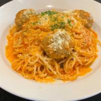 Spaghetti with Meatballs Pasta · Homemade meatballs with homemade marinara sauce and Parmesan cheese bread.