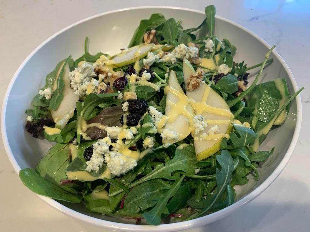 Delicata Salad · Organic Baby Arugula & Spring Mix, fresh Anjou Pears, Crumbled Gorgonzola Cheese, Walnuts, Dried
Cranberries, Chef Signature Vinaigrette
