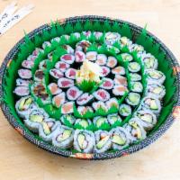 34. Roll Platter · 2 California roll, tuna roll, salmon roll, eel roll cucumber roll and hamachi roll.