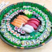 36. Roll and Nigiri Platter · 24 pieces California roll, 12 pieces tuna roll, 12 pieces salmon roll, 8 pieces eel roll, 12...