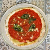 Marinara Pizza · No cheese. San Marzano tomato sauce, garlic, oregano, Parmesan, olive oil, and basil.