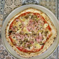 Capricciosa Pizza · San Marzano tomato sauce, mozzarella cheese, artichoke, mushroom, ham, Parmesan, olive oil, ...