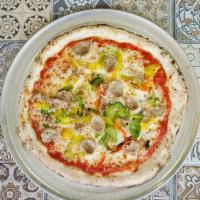 Sausage and Peppers Pizza · San Marzano tomato sauce, mozzarella cheese, Italian sausage, bell peppers, Parmesan, olive ...