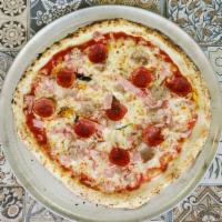 Meat Lovers Pizza · San Marzano tomato sauce, mozzarella cheese, ham, pepperoni, Italian sausage, Parmesan, oliv...